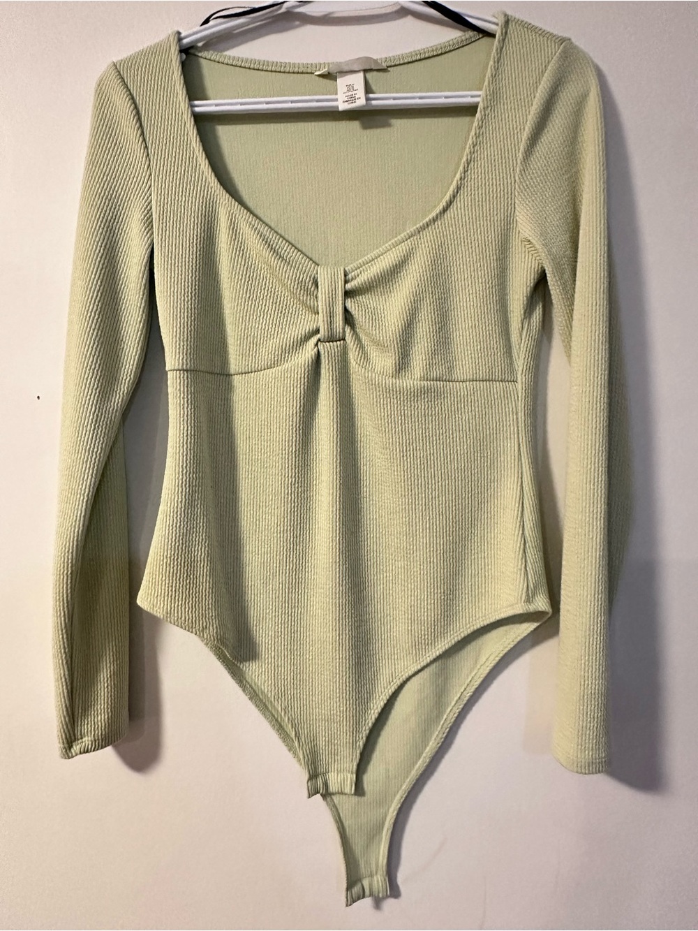 H&M Sage Green Ribbed Long-Sleeve Bodysuit with Knot Front